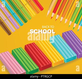 Zurück zur Karte der Schule mit bunten Bleistifte und Plastilin Vektor realistisch. Farbenprächtige orangen Hintergrund Stock Vektor