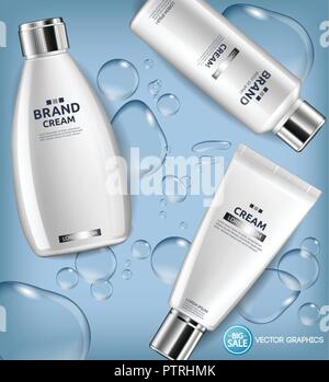 Weiß Creme Flaschen und Wassertropfen Hintergrund Vektor realistisch. Product placement Mock up. Detaillierte 3D-Label Design Stock Vektor