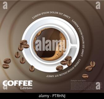 Kaffee Tasse Karte Vektor realistisch. Product placement Mock up. Dunkle Bohnen, Kaffee Hintergrund. top View 3-D-Darstellung Stock Vektor