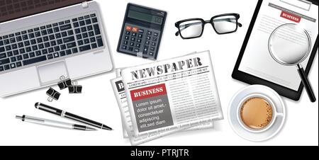 Weiß Büro Schreibtisch, Laptop, Kaffee, Zeitung und Kugelschreiber Vector realistisch Stock Vektor