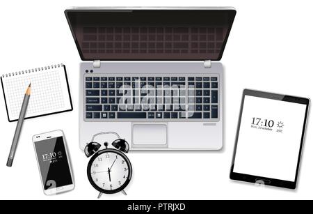 Laptop, Tablet- und smart phone Vektor realistisch. Neue Technik Gadgets. Ansicht von oben. Detaillierte 3 Abbildung d Stock Vektor