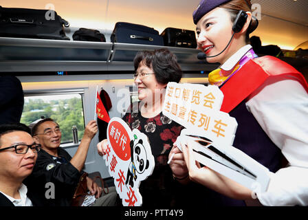 (181010) - SHANGHAI, Oktober 10, 2018 (Xinhua) - eine Eisenbahn attendant Schriftsatz Passagiere auf Informationen über die ersten China International Import Expo (CIIE) an Bord der G2 Bullet Train in der East China Shanghai, Okt. 10, 2018. Eisenbahnverwaltungen haben eine Kampagne am Mittwoch der kommenden Ersten CIIE auf bullet Züge auf der Hochgeschwindigkeitsstrecke Beijing-Shanghai zu fördern. (Xinhua / Chen Fei) (lmm) Stockfoto