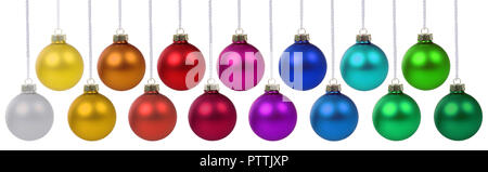 Weihnachtskugeln Christbaumkugeln banner Dekoration Farben hängen auf weißem Hintergrund Stockfoto