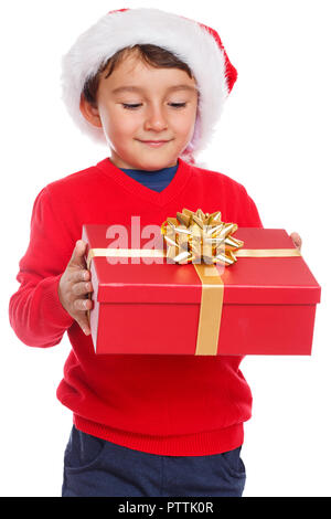 Kind Weihnachtsgeschenk präsentieren Santa Claus Überraschung isoliert auf weißem Hintergrund Stockfoto