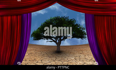 Surrealismus. Grüner Baum in den trockenen Land. Rote Vorhänge. Stockfoto