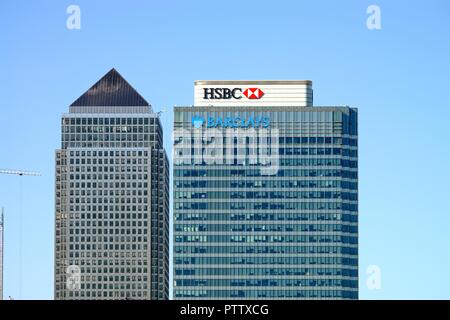 HSBC und Barclays Bank Hauptsitz in Canary Wharf London Docklands England Großbritannien Stockfoto