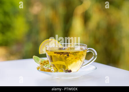 Linden Blütenstände, Kräutertee, Blick von der hohen Winkel, Raum für einen Text. Stockfoto