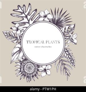 Runde Papier Emblem über tropische Pflanzen. Hand Vector Illustration gezeichnet Stock Vektor