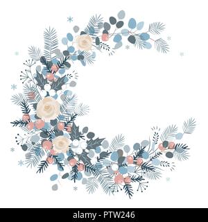 Merry Christmas Card Design. Neues Jahr Dekoration. Elegante winter Kranz mit Kiefer, Beeren, Rosen, und Eukalyptus btanches auf weißem Hintergrund. Vektor Stock Vektor