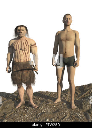 Digitale Illustration und 3D-Render eines Neandertal Mann Stockfoto