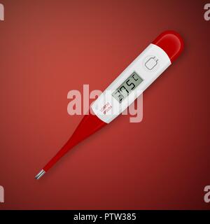 Vektor realistische 3d rote Fieber celsius elektronische medizinische Thermometer closeup auf roten Hintergrund. Design vorlage von digitalen Thermometer übersicht Fieber 37,5. Ansicht von oben. Gesundheit und Krankheiten Konzept Stock Vektor