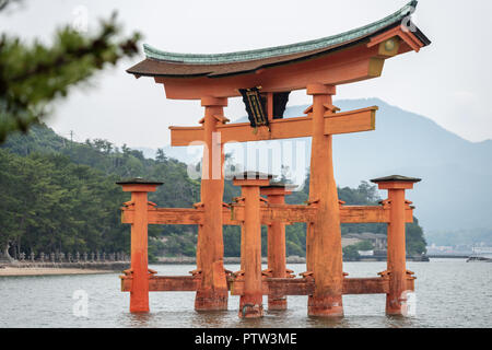 Die 'Itsukushima Jinja' Schrein schwimmende Torii Tor vor der Küste der Insel Miyajima, Hatsukaichi Stadt, Präfektur Hiroshima, Japan Stockfoto