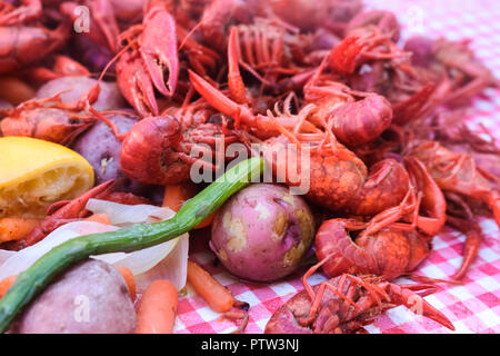 Gekochte crawdads auf überprüft Tischdecke mit Kartoffeln und Spargel und Zitronen angehäuft - selektive Fokus mit Dampf kommt das warme Essen Stockfoto