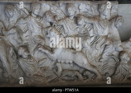 Italien. Pisa. Camposanto. Römischer Sarkophag. Fragment. Szene der Jagd. Kaiserzeit. Stockfoto