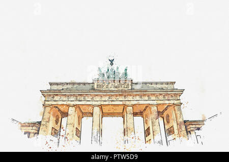 Ein Aquarell Skizze oder Abbildung: Das Brandenburger Tor in Berlin, Deutschland. Architektonisches Monument, das sich im historischen Zentrum von Berlin. Stockfoto