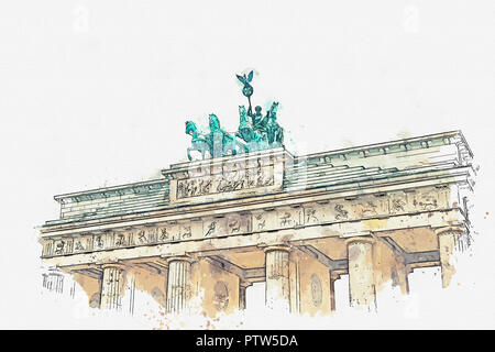 Ein Aquarell Skizze oder Abbildung: Das Brandenburger Tor in Berlin, Deutschland. Architektonisches Monument, das sich im historischen Zentrum von Berlin. Stockfoto