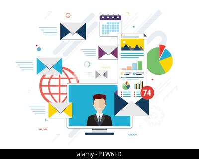 Laptop mit Umschlag und geöffnete e-Mail auf dem Bildschirm. E-Mail-Marketing, Internet Werbung Konzepte. Flache Vektor-Illustration. Stock Vektor