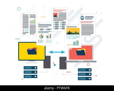 Datenübertragung zwischen Computer und Laptop. Konzept backup Daten und Computer-Netzwerk. Flache Vektor-Illustration. Stock Vektor