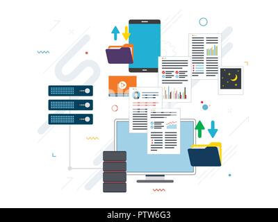 Datenübertragung zwischen Computer und Laptop. Konzept backup Daten und Computer-Netzwerk. Flache Vektor-Illustration. Stock Vektor