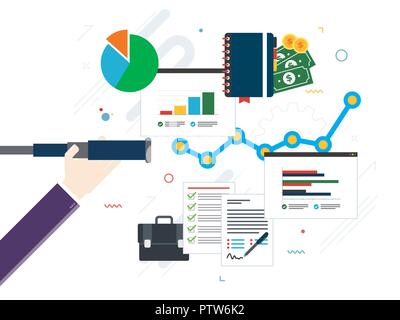 Hand mit lunette Analyse Investitionen Charts und Business Icons. Business Vorhersage und Vision Concept, finanzielle Investitionen, Wachstum, Erfolg und ea Stock Vektor