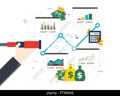 Hand mit lunette Analyse Investitionen Charts und Business Icons. Business Vorhersage und Vision Concept, finanzielle Investitionen, Wachstum, Erfolg und ea Stock Vektor