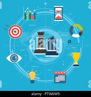 Business, Marketing und Finanzen Strategie. Business Strategie und Unternehmenserfolg, Innovation Vision Konzept. Schachfiguren, Diagramm, Vision-, Getriebe- und Ta Stock Vektor