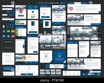 Saubere und moderne grafische Benutzeroberfläche einstellen. Internet UI mega Sammlung Elemente. Druckknopf, Internet Banner, Kalender, Menü, Bilderrahmen, Medien Stock Vektor