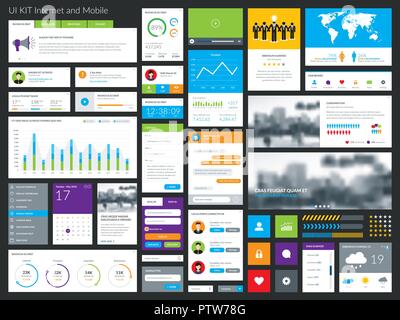 Clean & modern graphical user interface set. Internet UI mega collection elements. Push button, internet banner, calendar, menu, picture frame, media  Stock Vektor