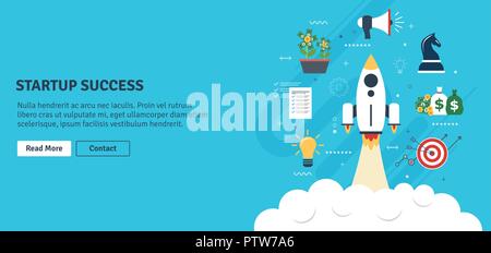 Rakete fliegen mit Symbolen für Strategie, Marketing, Geld und Investitionen. Konzept der Business erfolgreiche Strategie, Wachstum und Investitionen im Anlauf. Flach Stock Vektor