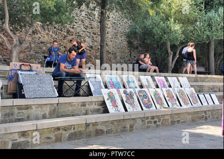 Straße Maler auf der Hafen von Collioure am Fusse des königlichen Schlosses Stockfoto