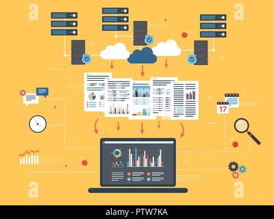 Laptop Zugriff auf Daten von Cloud Computer. Big Datenanalyse, Data Mining, cloud computing Infografik, Datennetz und Business Intelligence. Stock Vektor