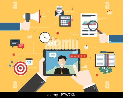 Bewertung der finanziellen Unterstützung, Beratung Investment. Kundenberichte, Feedback, Bewertung und beliebt. Konzept Financial Business im flachen Design v Stock Vektor