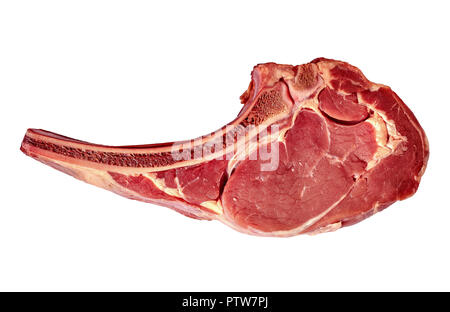 Trocken im Alter von Raw tomahawk Rindersteak auf weißem Hintergrund, Vorderansicht, close-up Stockfoto