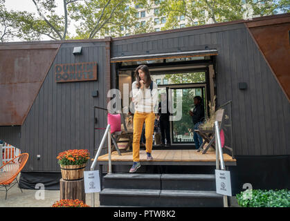 Besucher nach Madison Square Park in New York am Freitag, 5. Oktober 2018 besuchen Sie die Dunkin' Donuts winzigen Zuhause, durch die neue Grenze winzigen Wohnungen gemacht. Die Leistung, die für die 275 m² große Haus läuft auf Biosprit aus 80 Prozent erstellt Dunkin' Kaffeesatz verbrachte, gemischt mit Alkohol. Dunkin' Brands vor kurzem änderte ihren Namen ablegen moniker 'donuts' besser Rechnung zu tragen, dass 60 Prozent der Verkäufe sind Kaffee Getränke. (Â© Richard B. Levine) Stockfoto