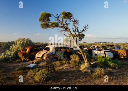 Auto Friedhof der ruiniert und verrostete Auto an Koonalda Homestead alte Eyre Highway, Nullarbor National Park South Australia Stockfoto