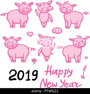 Einstellen der Schweine rosa cute doodle Bleistift Hand zeichnen. Inschrift ein Frohes Neues Jahr. Chinesische Jahr Zeichen ferkel 2019. Vector Illustration auf weißem Hintergrund. Stock Vektor