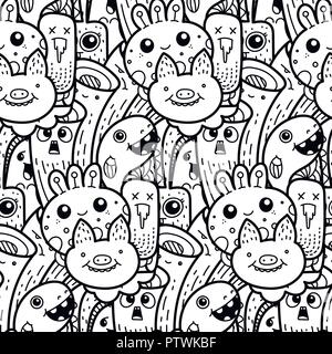 Schwein Gesicht. Lustige doodle Monster nahtlose Muster für Drucke, Designs und Malbücher. Vector Illustration Stock Vektor