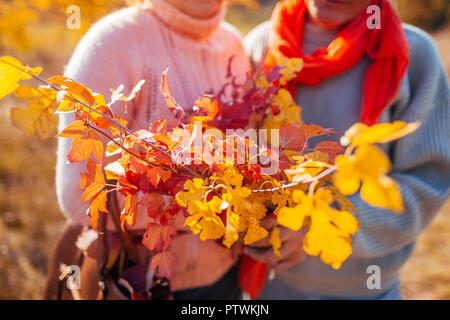 Im mittleren Alter Paar hält Bouquet von Herbst Zweige mit gelben und roten Blätter. Menschen umarmen im Freien Stockfoto