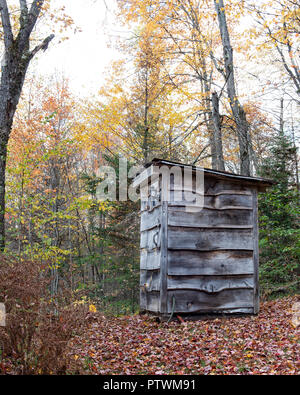 Ein rustikales Nebengebäude in den Adirondack Mountains, NY USA im Herbst mit einer Veranda, Licht und elektrische Leitungen. Stockfoto