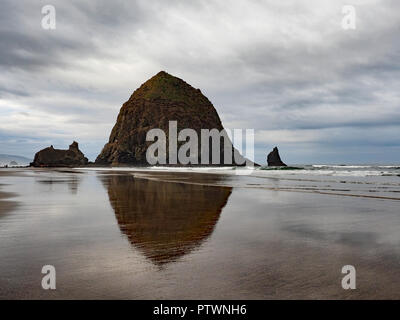 Haystack Rock spiegelt sich in der Tide Pools von Cannon Beach, Oregon bei extremer Ebbe an einem bewölkten Morgen. Stockfoto