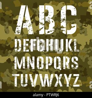 Militärische Schablone Alphabet auf eine Camouflage Hintergrund, Vector Illustration Stock Vektor