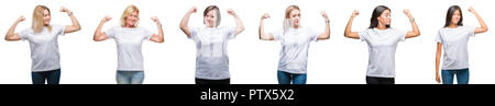 Collage der Gruppe Frauen tragen weiße T-Shirt über isolierte Hintergrund zeigen arme Muskeln lächelte stolz. Fitness Concept. Stockfoto