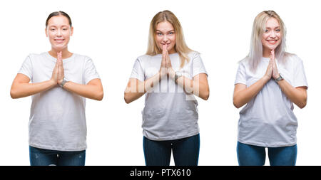 Collage der Gruppe der jungen Frauen tragen weiße T-Shirt über isolierte Hintergrund mit Händen gemeinsam beten um Vergebung bat lächelnd zuversichtlich. Stockfoto