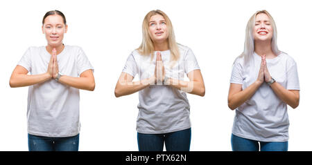 Collage der Gruppe der jungen Frauen tragen weiße T-Shirt über isolierte Hintergrund betteln und mit Händen gemeinsam beten mit der Hoffnung Ausdruck auf dem Gesicht ve Stockfoto