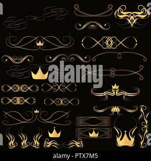 Weinleseverzierungen und Trennwände, kalligraphische Designelemente und Seite Dekoration, exklusive, höchste Qualität, retro style Set von reich verzierten auf einem schwarzen Bac Stock Vektor