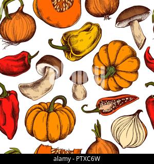 Vektor nahtlose Muster von Zwiebeln, Champignons, Kürbis, Paprika. Hand Vector Illustration gezeichnet Stock Vektor