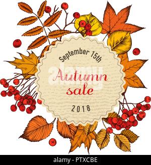 Runde Herbst Sale Papier Emblem über Blätter im Herbst. Hand Vector Illustration gezeichnet Stock Vektor