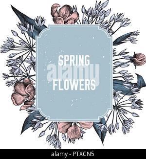 Frühling Blumen Abzeichen über wilde Frühlingsblumen. Hand Vector Illustration gezeichnet Stock Vektor