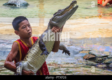 Samut Prakarn, Thailand - 25. März 2017: Junge und sein Team in der gefährlichen Krokodil zeigt. Riskante Krokodil zeigt in Crocodile Farm, einer der am meisten Impr Stockfoto