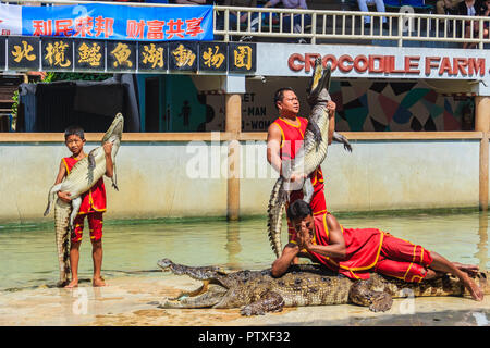 Samut Prakarn, Thailand - 25. März 2017: Junge und sein Team in der gefährlichen Krokodil zeigt. Riskante Krokodil zeigt in Crocodile Farm, einer der am meisten Impr Stockfoto